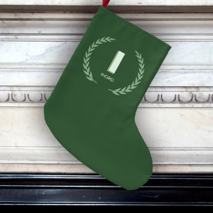 Green Laurel Wreath Letter I Monogram Large Christmas Stocking