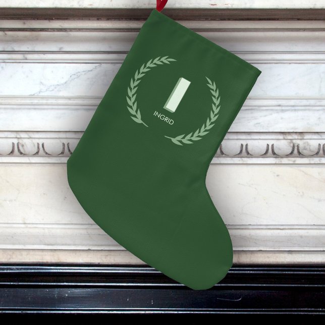 Green Laurel Wreath Letter I Monogram  Large Christmas Stocking (Creator Uploaded)