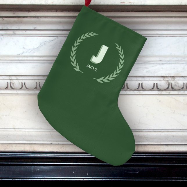 Green Laurel Wreath Letter J Monogram  Large Christmas Stocking (Creator Uploaded)