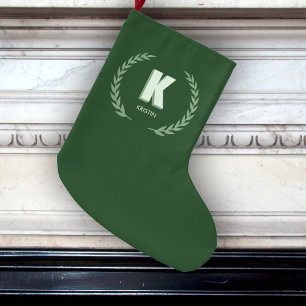 Green Laurel Wreath Letter K Monogram Large Christmas Stocking