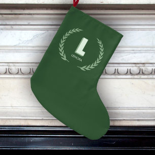 Green Laurel Wreath Letter L Monogram Large Christmas Stocking