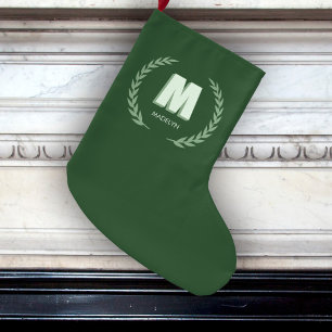 Green Laurel Wreath Letter M Monogram Large Christmas Stocking