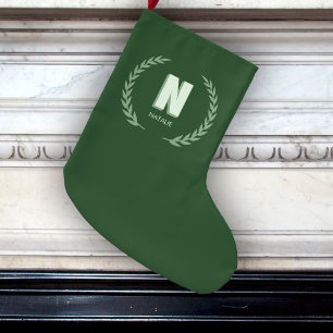 Green Laurel Wreath Letter N Monogram Large Christmas Stocking
