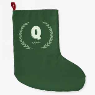 Green Laurel Wreath Letter Q Monogram Large Christmas Stocking