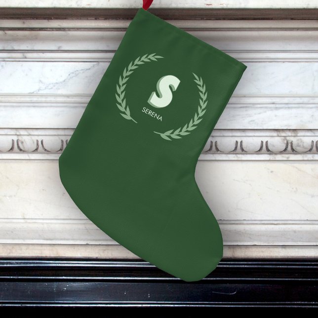 Green Laurel Wreath Letter S Monogram  Large Christmas Stocking (Creator Uploaded)