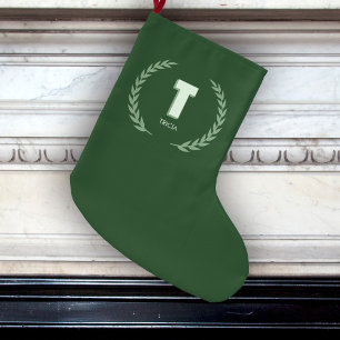 Green Laurel Wreath Letter T Monogram Large Christmas Stocking