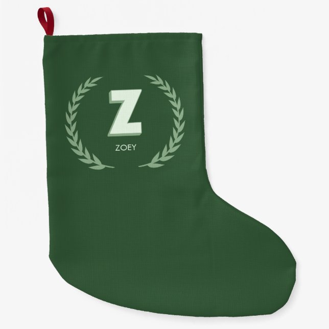 Green Laurel Wreath Letter Z Monogram  Large Christmas Stocking (Front)