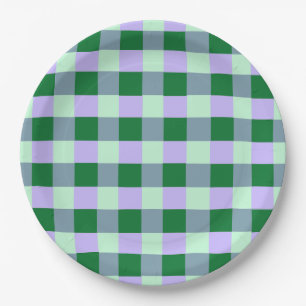 Green & Lavender Gingham Stripes Karo Pattern Paper Plate