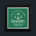 Green Law School Graduate Personalised Graduation Gift Box<br><div class="desc">This custom green law school graduation gift box features white typography under the scales of justice and your college name for the class of 2024. Customise with your graduating year for a great personalised university graduate present.</div>