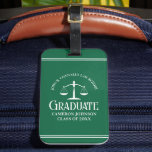 Green Law School Graduate Personalised Graduation Luggage Tag<br><div class="desc">These custom green law school graduation luggage tags feature white typography under the scales of justice and your college name for the class of 2024. Customise with your graduating year for a great personalised university graduate gift.</div>