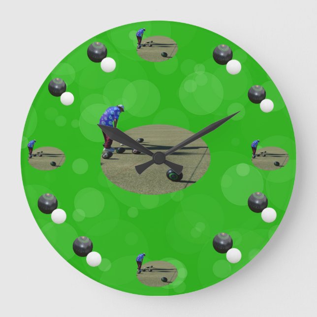 Green Lawn Bowls Bowler And Bowls Design, Large Clock (Front)