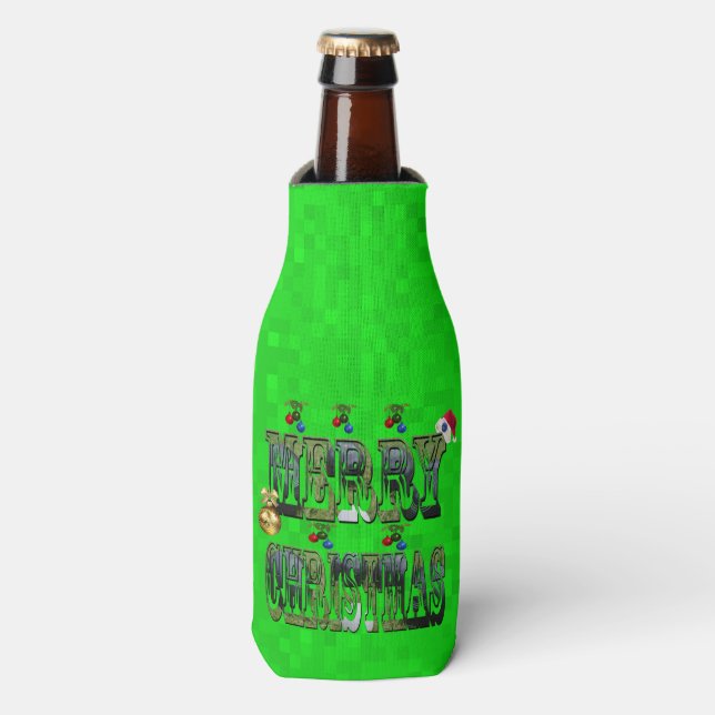 Green Lawn Bowls Merry Christmas Logo, Bottle Cooler (Bottle Front)