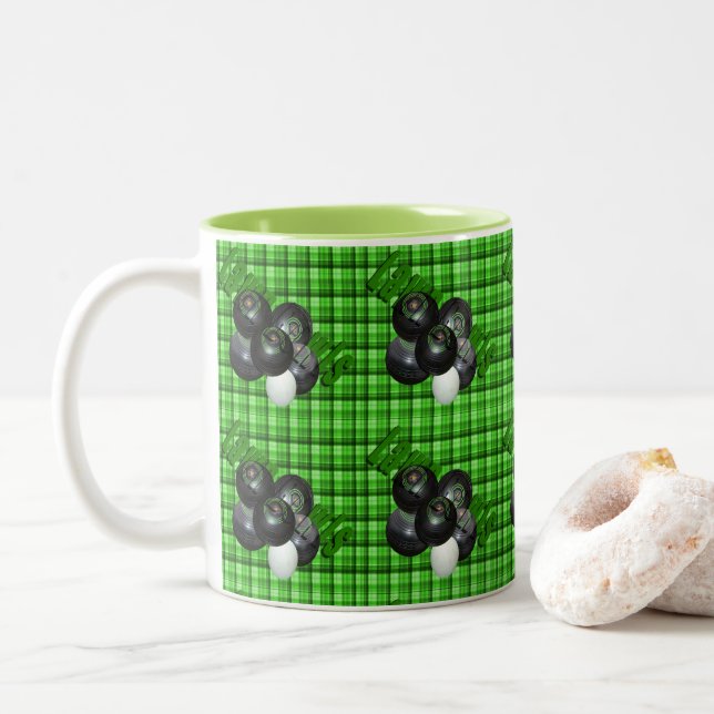 Green Lawn Bowls Tartan Design, Two-Tone Coffee Mug (With Donut)