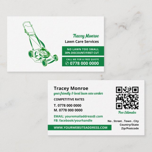 Green Lawn-Mower, Lawn Care Services Business Card (Front/Back)