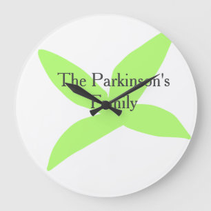 Green leaf abstract pastel family name retro boho large clock