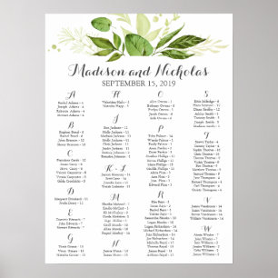 Green Leaf Alphabetical Seating Chart, Rustic Poster