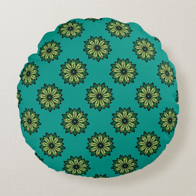 Green Leaf and Flower seamless pattern background. Round Cushion (Front)