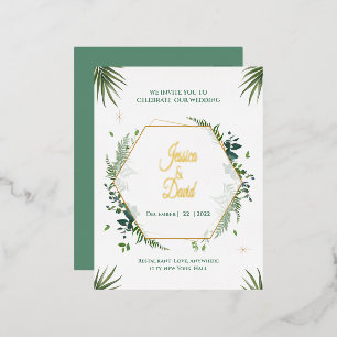 Green leaf and Gold Wedding Invite