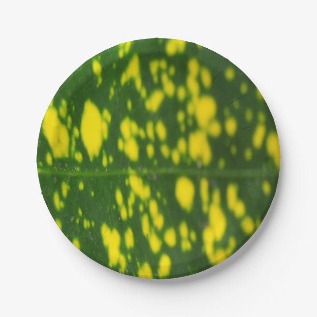 Green Leaf and Yellow Dot Design 7" Round Paper Plate (Front)
