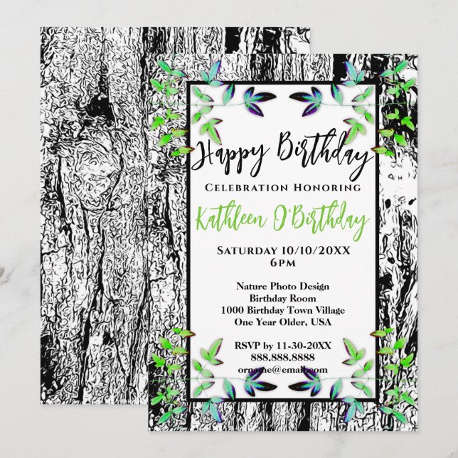 GREEN LEAF BLACK BARK HAPPY BIRTHDAY INVITATION (Front/Back)