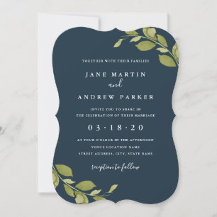 Green Leaf Botanical Navy Wedding Invitation