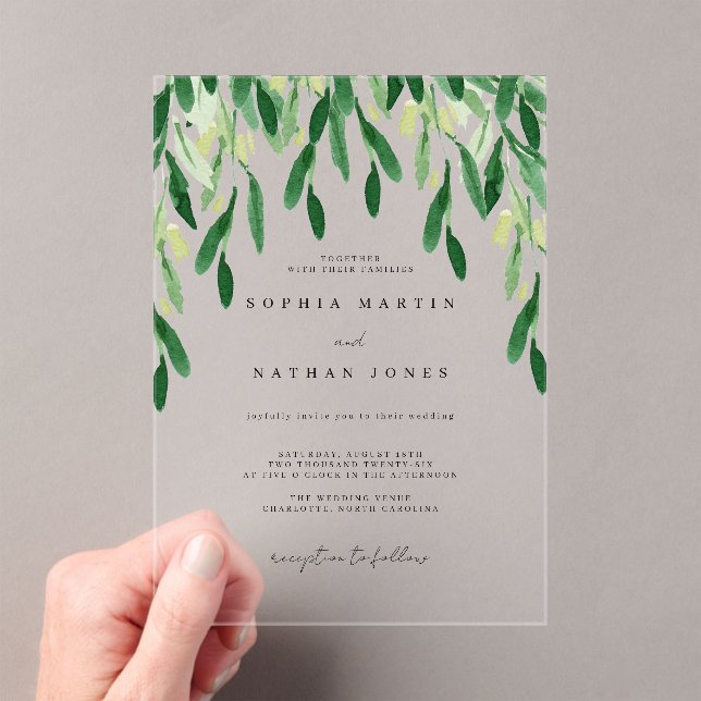 Green Leaf Botanical Wedding Acrylic Invitations (Insitu (Handheld))