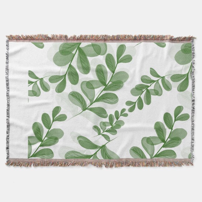 Green Leaf Branch Pattern Art Throw Blanket (Front)