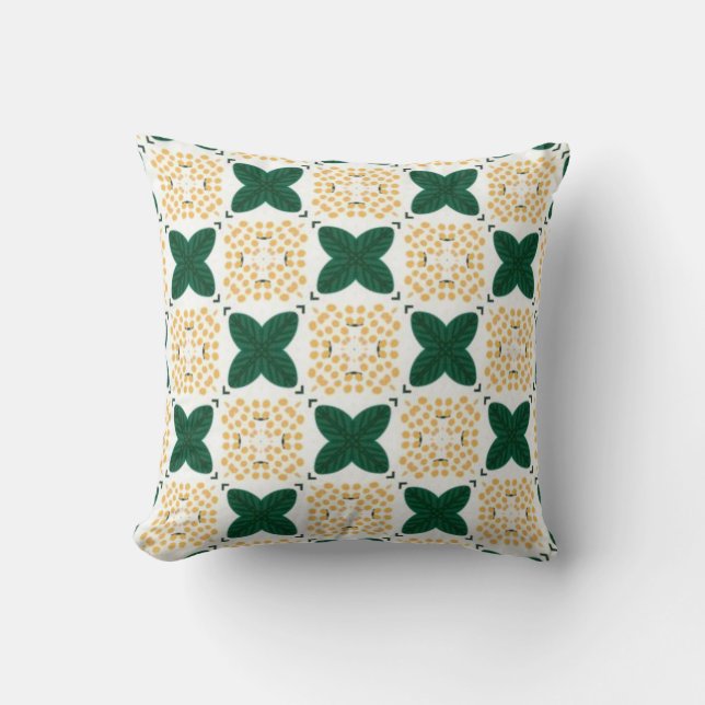Green leaf chequered pattern yellow flower cushion (Front)