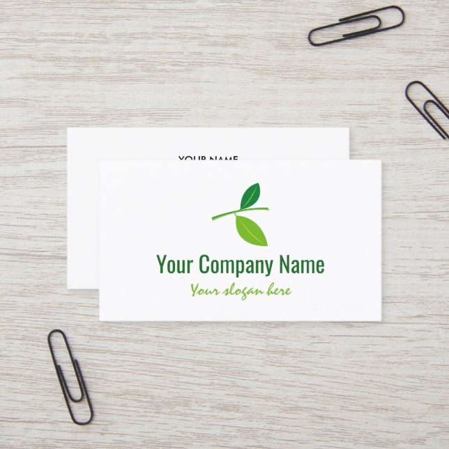 Green leaf company logo business card template (Front/Back In Situ)