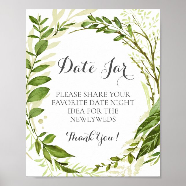 Green Leaf Date Jar Sign Wedding, Rustic Greenery (Front)