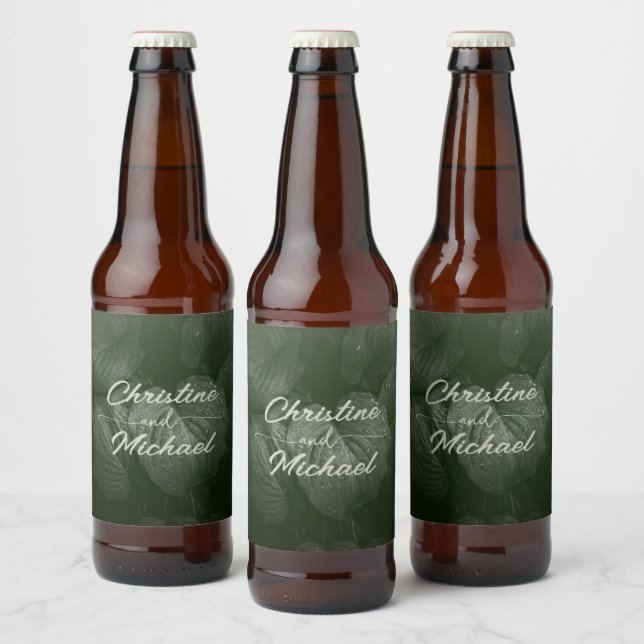Green leaf elegant greenery spring wedding beer bottle label (Bottles)