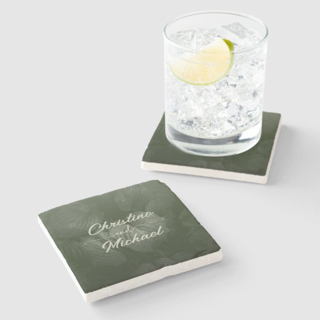 Green leaf elegant greenery spring wedding stone coaster (Side)