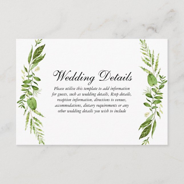 Green Leaf Elegant Wedding Reception Detail Enclosure Card (Front)