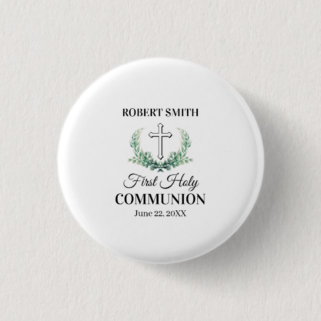 Green leaf first communion  3 cm round badge (Front)