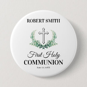 Green leaf first communion 7.5 cm round badge