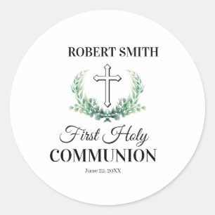 Green leaf first communion  classic round sticker