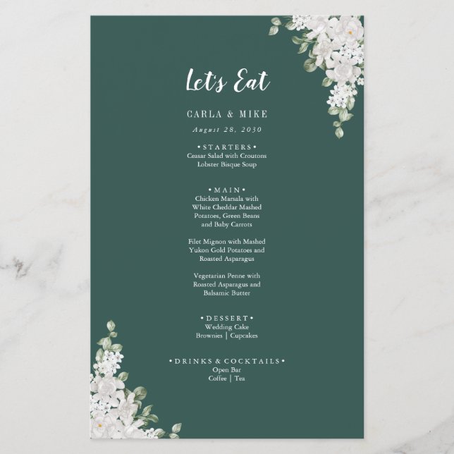 Green Leaf Floral Thank You and Wedding Menu (Front)