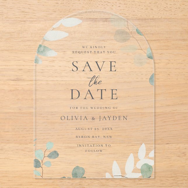 Green Leaf Floral Wedding Acrylic Save The Date Invitations (Front)