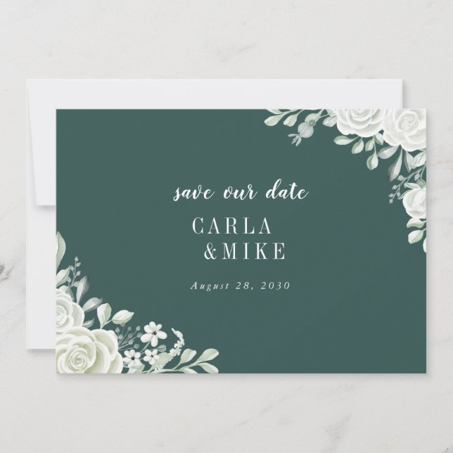 Green Leaf Floral Wedding Save The Date (Front)