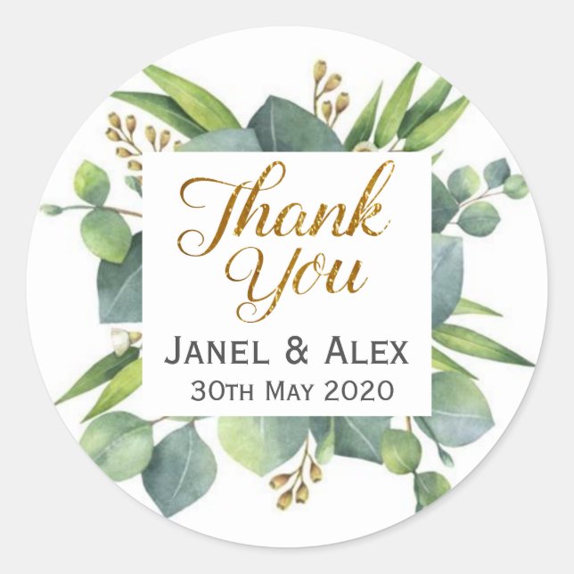 Green Leaf gold thankyou wedding sticker (Front)