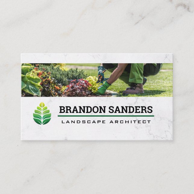 Green Leaf Logo | Landscaper Working in Garden Business Card (Front)