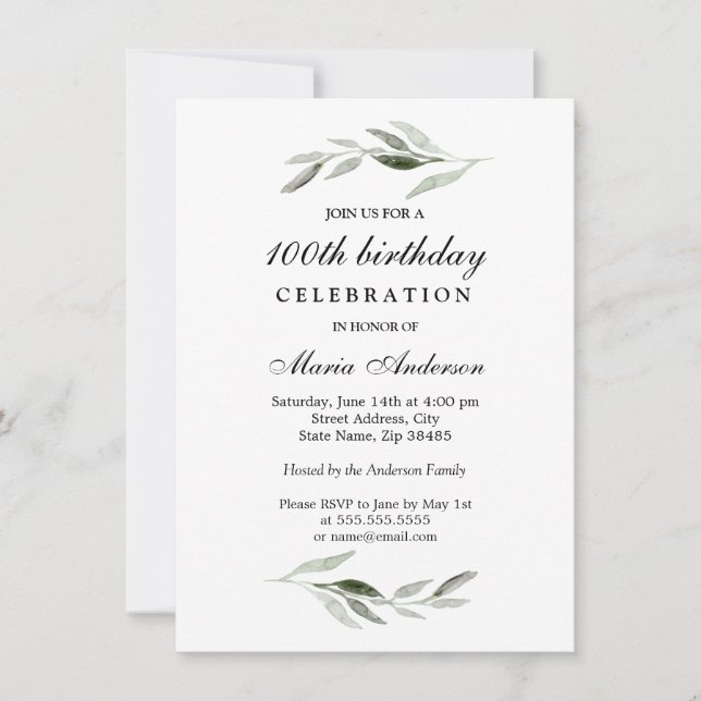 Green Leaf Mens or Womans 100th Birthday Party Invitation (Front)
