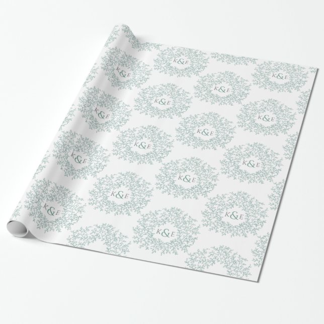 Green leaf monogram art drawing on white wrapping paper (Unrolled)