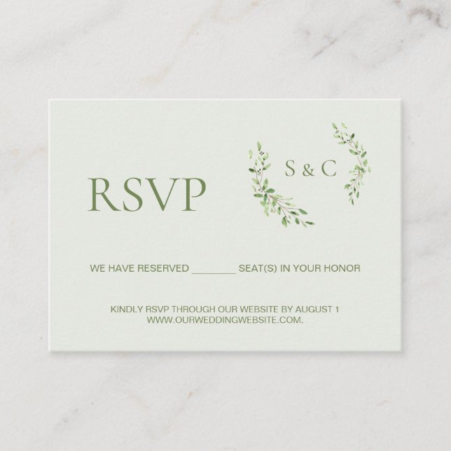 Green leaf Monogram Crest wedding website RSVP Enclosure Card (Front)
