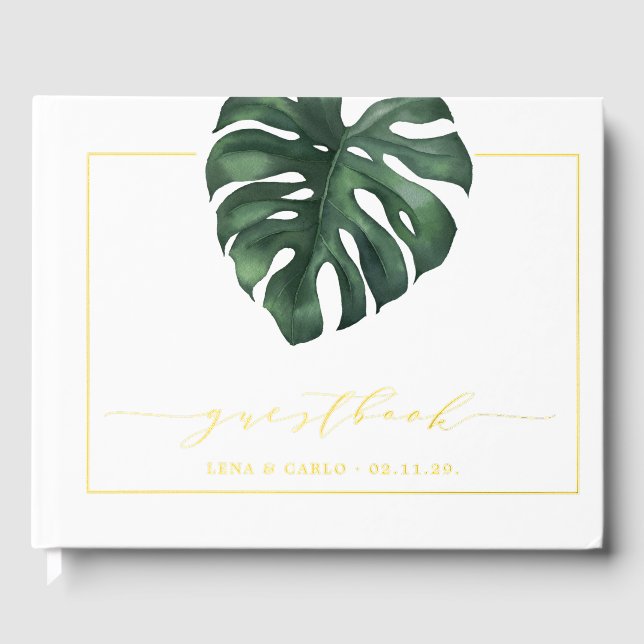 Green Leaf Monstera Wedding Guest Book (Front)