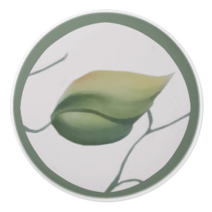 Green Leaf on Cream Background Ceramic Knob