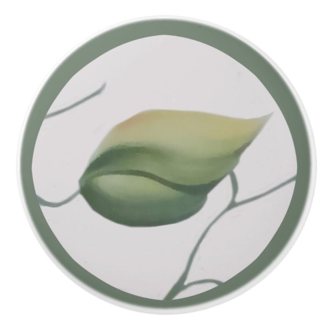 Green Leaf on Cream Background Ceramic Knob (Front)