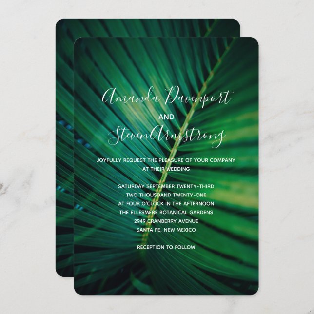 Green Leaf Palm Frond CLoesup Photo Wedding Invitation (Front/Back)