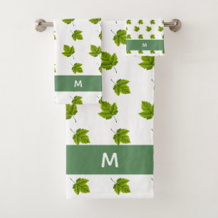 Green Leaf Pattern and Monogram on White  Bath Towel Set