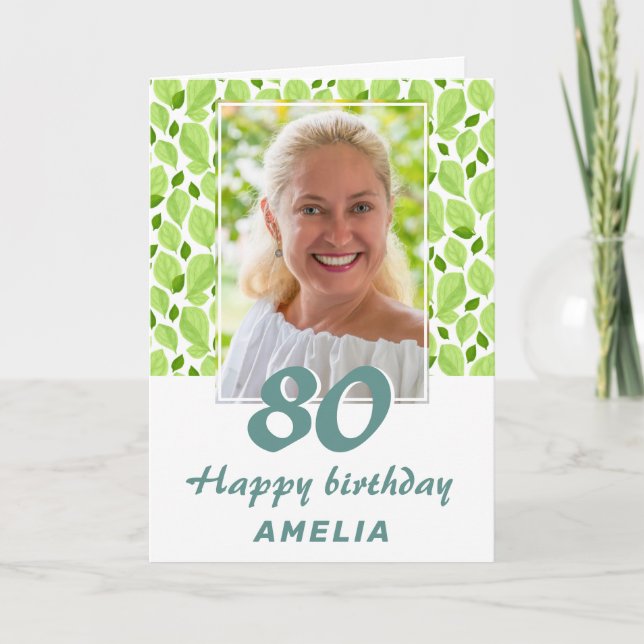 Green Leaf Pattern Botanical 80th Birthday Photo Card (Front)